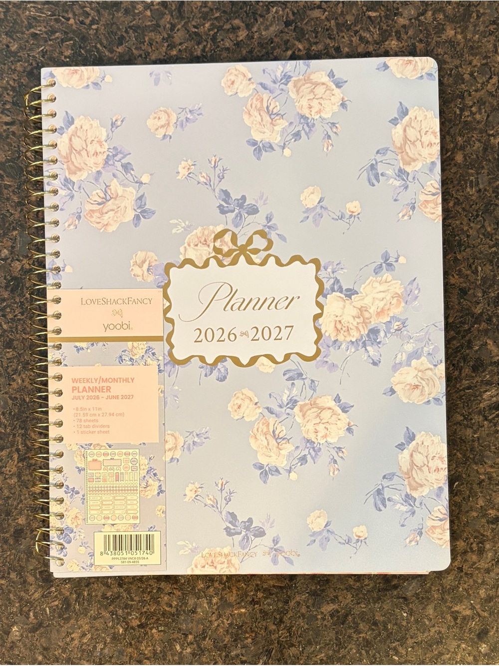 LoveShackFancy Floral Planner - Light Blue with Soft Pink Roses